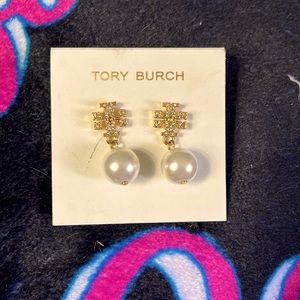 Tory Burch Gold Pave Pearl Drop Earrings